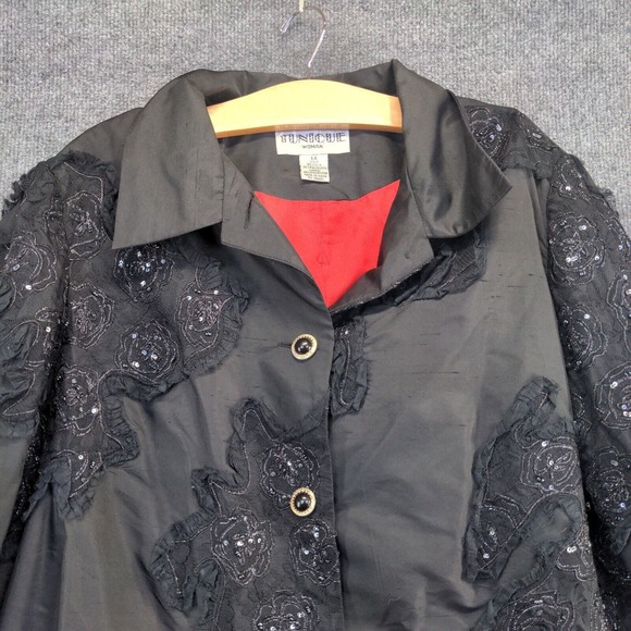 Tunique Women's Button Up Silk Blend Blouse Black Size 1X Floral Accents - Picture 6 of 11